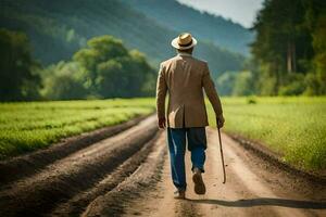 une homme en marchant vers le bas une saleté route avec une canne. généré par ai photo