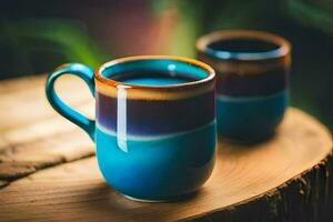 deux bleu tasses sur une en bois tableau. généré par ai photo