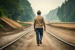 une homme en marchant sur une train piste. généré par ai photo
