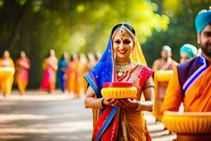 une femme dans traditionnel Indien robe en portant une bol. généré par ai photo