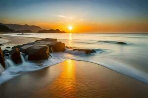 le Soleil monte plus de le océan et rochers sur le plage. généré par ai photo