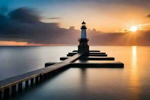 une phare des stands sur une jetée à le coucher du soleil. généré par ai photo