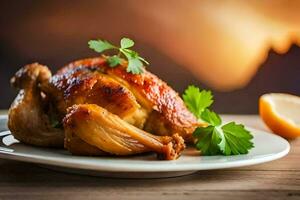 une poulet sur une assiette avec citron tranches et herbes. généré par ai photo