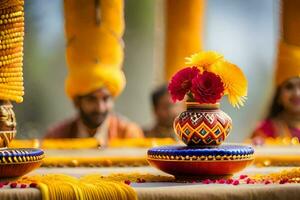 une table avec coloré fleurs et une homme dans une turban. généré par ai photo