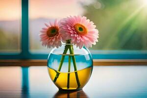 deux rose fleurs dans une vase sur une tableau. généré par ai photo