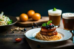 une assiette de nourriture avec Pâtes et une boire. généré par ai photo