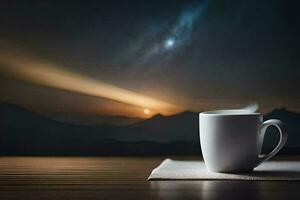une tasse de café sur une table avec une Montagne dans le Contexte. généré par ai photo