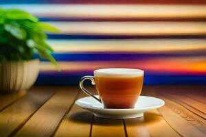 une tasse de café sur une en bois table avec une flou Contexte. généré par ai photo