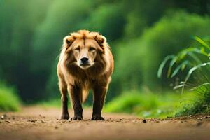 une Lion permanent sur une saleté route dans le milieu de une forêt. généré par ai photo
