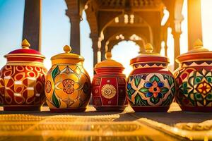 coloré céramique des pots doublé en haut dans de face de une bâtiment. généré par ai photo