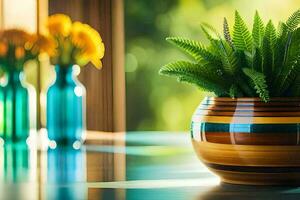 une plante dans une vase sur une tableau. généré par ai photo