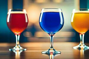 Trois des lunettes de différent coloré Bière sur une tableau. généré par ai photo