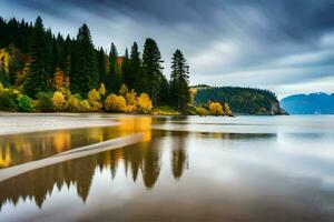 l'automne des arbres sont réfléchi dans le l'eau sur une plage. généré par ai photo