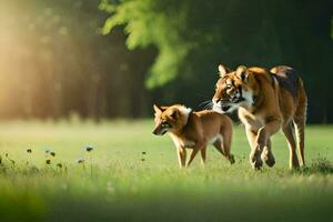 deux tigres en marchant dans le herbe. généré par ai photo