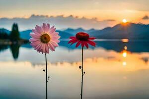 deux fleurs supporter dans de face de une Lac à le coucher du soleil. généré par ai photo