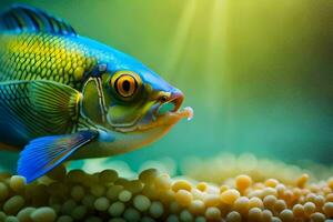 une poisson avec brillant bleu yeux et vert nageoires. généré par ai photo