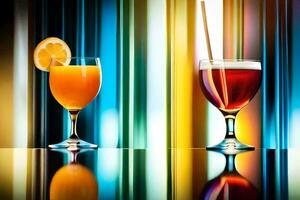 deux des lunettes de Orange jus et une verre de du vin. généré par ai photo