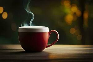 une rouge tasse de café sur une en bois tableau. généré par ai photo