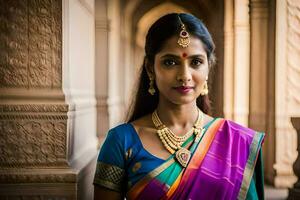 une magnifique Indien femme dans une coloré sari. généré par ai photo