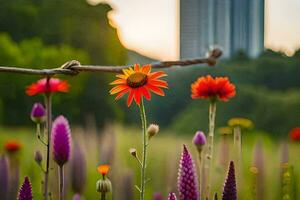 fleurs dans une champ avec une ville horizon dans le Contexte. généré par ai photo