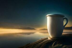 une café tasse est assis sur Haut de une Roche surplombant une lac. généré par ai photo