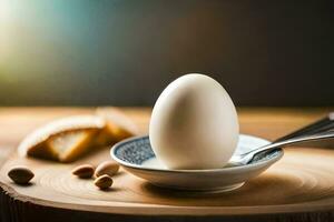 un Oeuf est assis sur une assiette avec pain et des noisettes. généré par ai photo