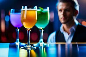 une homme est séance à une bar avec Trois différent coloré boissons. généré par ai photo