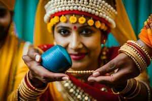 une femme dans traditionnel Indien robe en portant une bleu Coupe. généré par ai photo