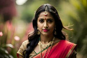 une magnifique Indien femme dans une rouge sari. généré par ai photo