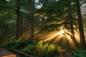 scénique paysage des rayons de lumière dans le forêt établi avec génératif ai La technologie photo