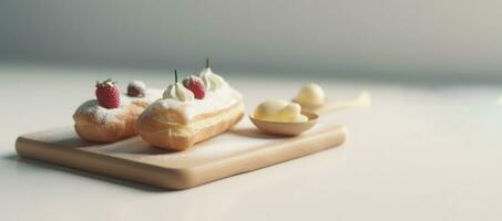 Frais vanille éclairs sur le minimaliste en bois assiette ai généré photo