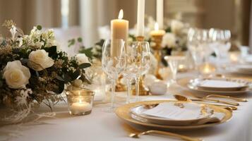 élégant or et blanc table réglage avec couronne et bougies photo