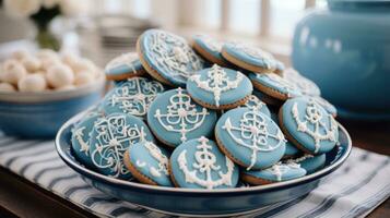 nautique thème avec bleu et blanc décor, ancre, et voilier biscuits photo