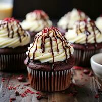 rouge velours petits gâteaux avec crème fromage Glaçage et Chocolat bruine photo