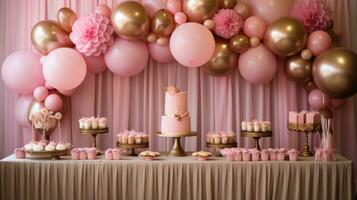 confortable rose et or installer avec floral accents et desserts photo