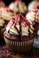 rouge velours petits gâteaux avec crème fromage Glaçage et Chocolat bruine photo