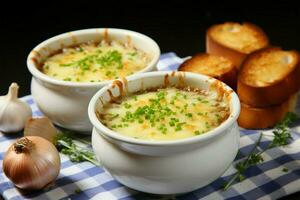 deux boules tenir une sarriette Trésor français oignon soupe avec fondu fromage ai généré photo