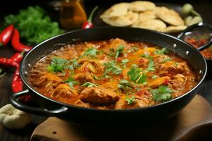 alléchant poulet curry avec aromatique épices, préparé dans une en bois la poêle ai généré photo
