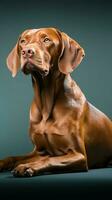 magnifique hongrois vizsla chien plein corps studio portrait bleu Contexte ai généré photo