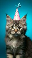 anniversaire minou, chat avec fête chapeau isolé sur bleu ai généré photo