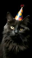 noir arrière-plan, prêt à faire la fête chat avec anniversaire chapeau ai généré photo