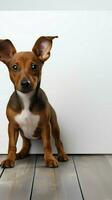 adorable marron et blanc basenji chien en portant une grand Vide blanc signe dans une studio avec blanc des murs ai généré photo