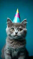 mignonne chat avec fête chapeau sur bleu Contexte ai généré photo