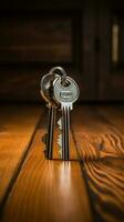 maison clé et porte-clés sur en bois table verticale mobile fond d'écran ai généré photo