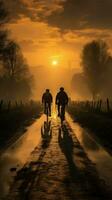 le liberté de le ouvert route, cyclistes sur une le coucher du soleil route - retour vue verticale mobile fond d'écran ai généré photo