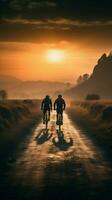 Stupéfiant vues, retour vue de cyclistes sur une le coucher du soleil route verticale mobile fond d'écran ai généré photo