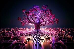 énigmatique 3d circuits arbre comme modèle dans rose et violet teintes ai généré photo