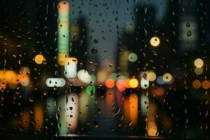 nocturne paysage urbain par pluie tacheté verre, Contexte ramolli par brouiller ai généré photo