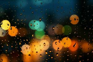 gouttes de pluie brouiller sur verre, une villes nocturne toile de fond émerge doucement ai généré photo