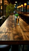 Haut vue de une en bois table contre une flou bar intérieur verticale mobile fond d'écran ai généré photo